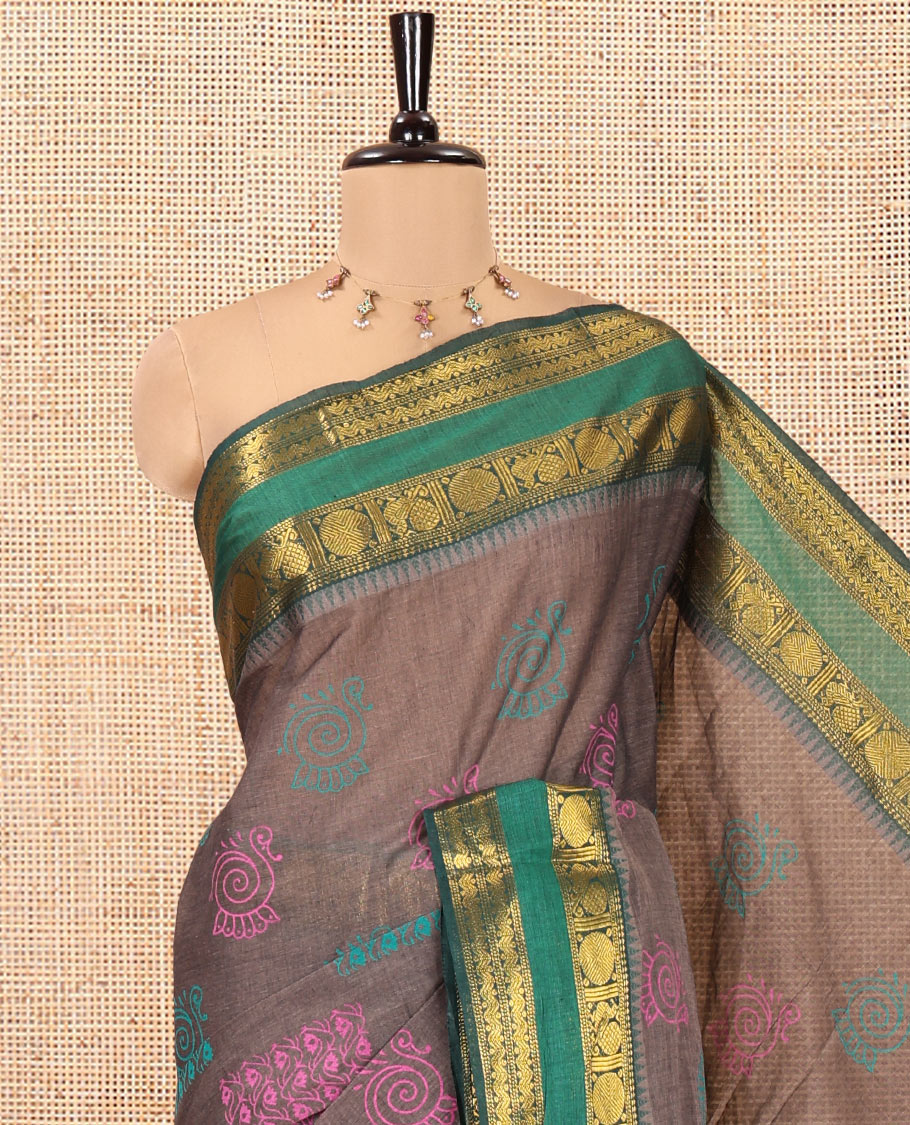 Grey-Green Andhra Cotton Saree, Decorated with Motifs Print, a Contrast Rettai Pettu Traditional Border, Pallu of Stripes, and Contrast Blouse