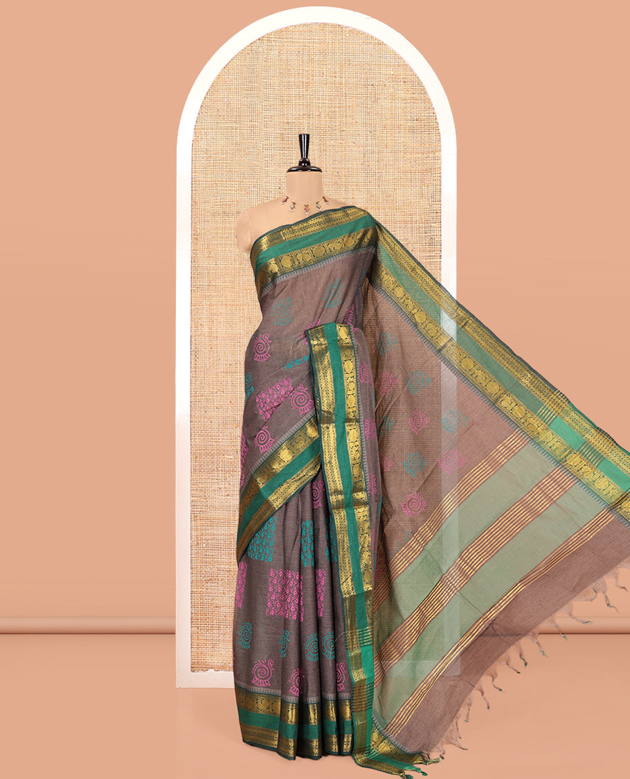 Grey-Green Andhra Cotton Saree, Decorated with Motifs Print, a Contrast Rettai Pettu Traditional Border, Pallu of Stripes, and Contrast Blouse