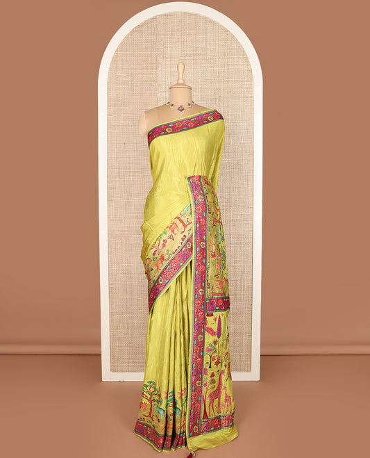 Green Jungle theme digital printed dola silk saree, contrast meenakari floral border, and meenakari floral pallu