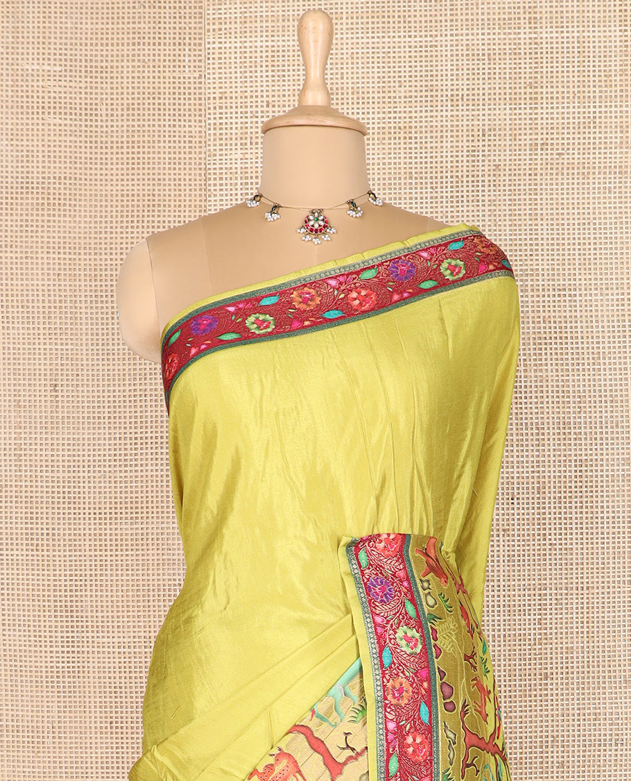 Green Jungle theme digital printed dola silk saree, contrast meenakari floral border, and meenakari floral pallu