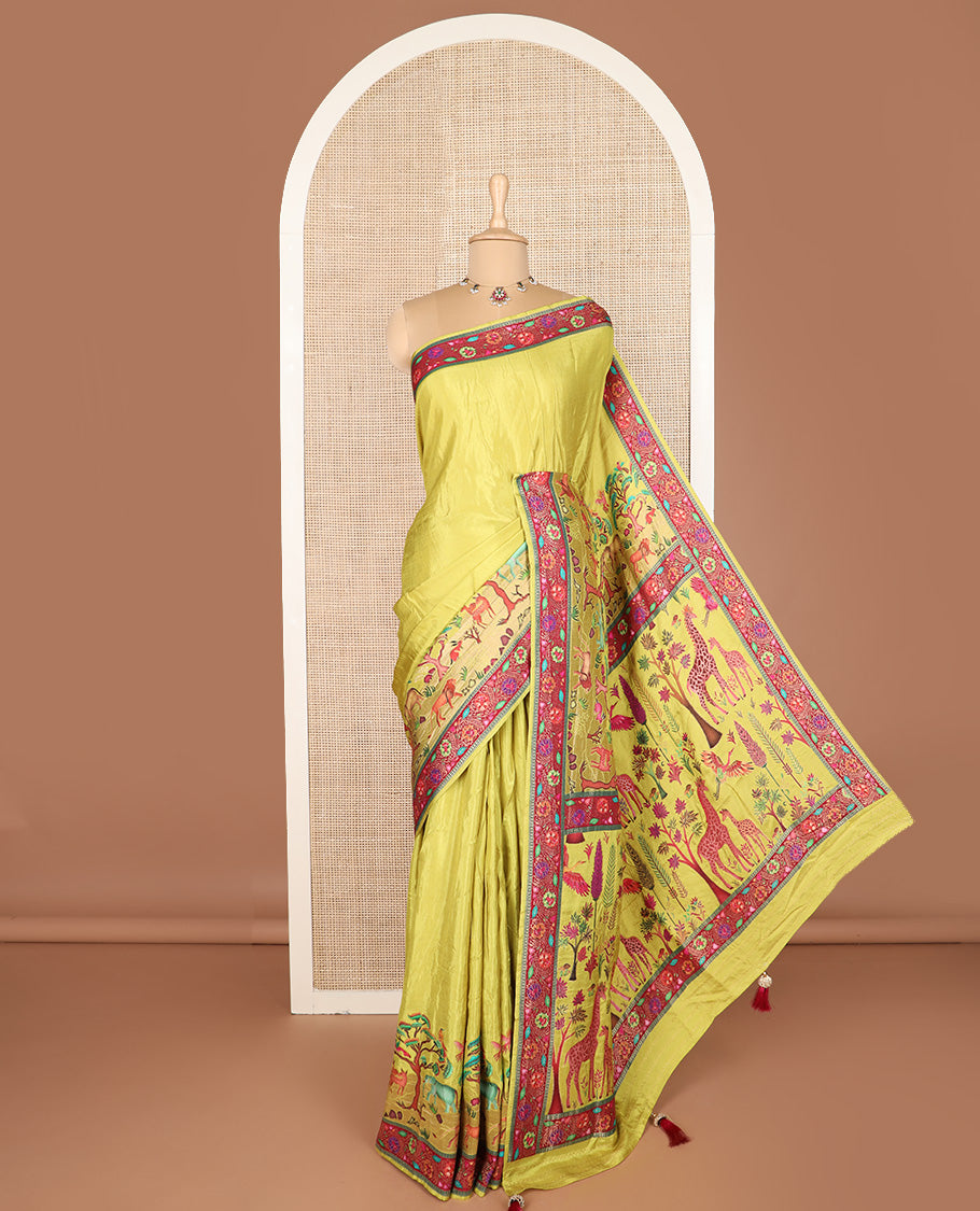 Green Jungle theme digital printed dola silk saree, contrast meenakari floral border, and meenakari floral pallu