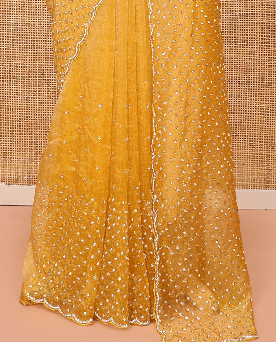 Mustard Organza Glass Tissue Designer Saree With Stonework, a Scallop Border, and a Matching Blouse
