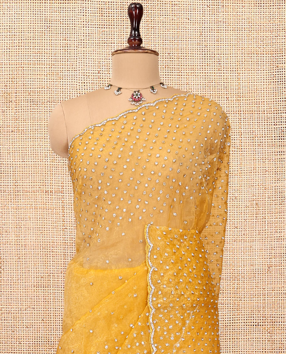 Mustard Organza Glass Tissue Designer Saree With Stonework, a Scallop Border, and a Matching Blouse