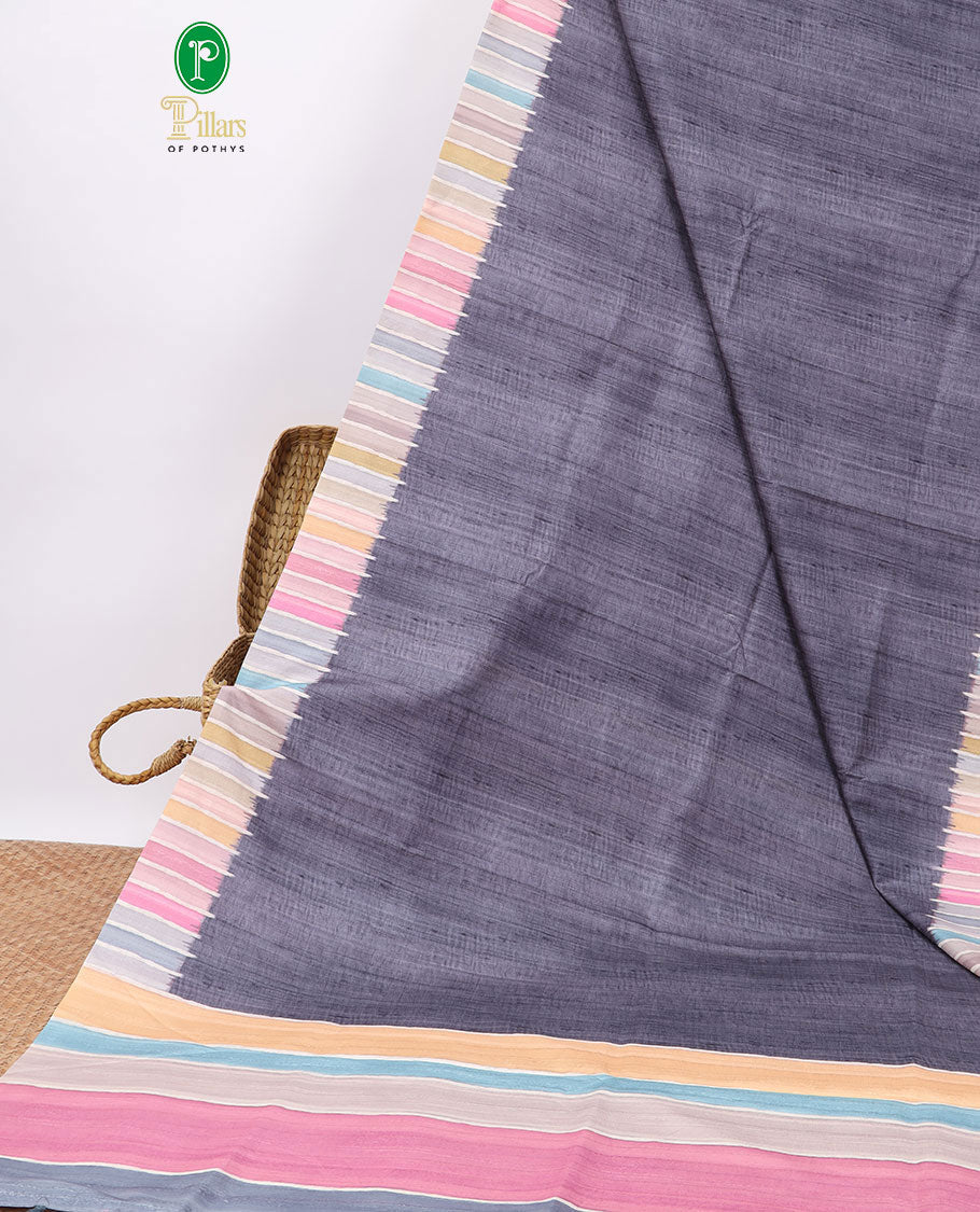 Grey semi-banaras tussar saree with contrast striped border & multi-colored striped pallu