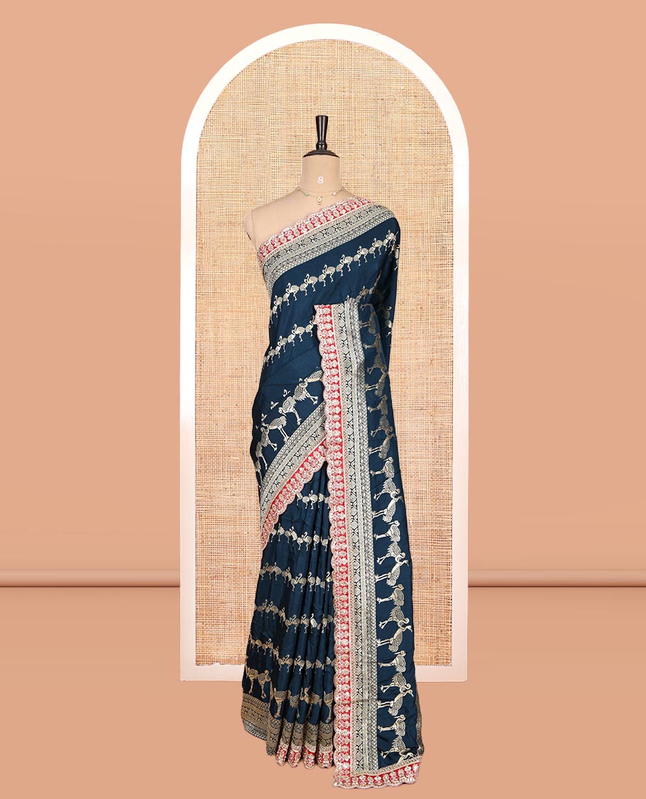 Peacock Blue Bird Buttas Russian Dola Silk Saree,Contrast Patchwork Border,Matching Blouse