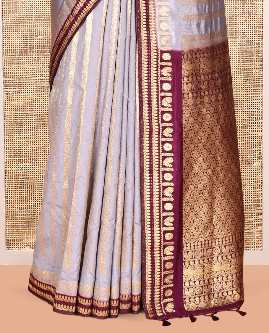 Grey Zari Stripes Fancy Raw Silk Saree, Contrast Traditional Border, Jaal Pallu, and Contrast Blouse