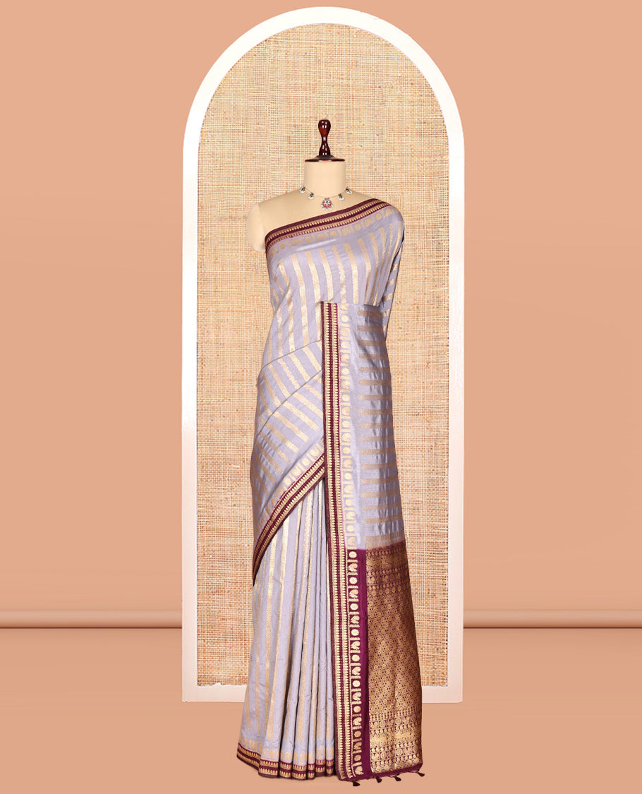 Grey Zari Stripes Fancy Raw Silk Saree, Contrast Traditional Border, Jaal Pallu, and Contrast Blouse