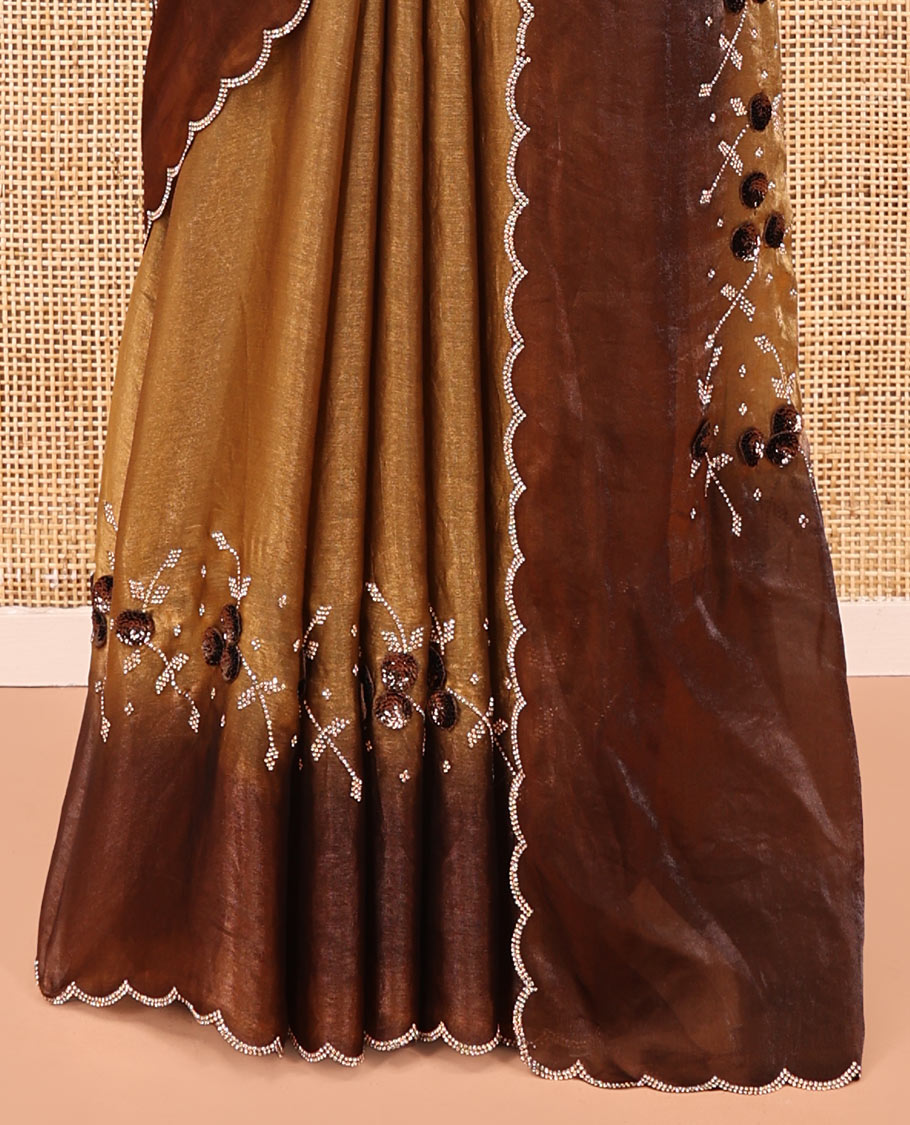 Antique Gold Designer Saree, Beautiful Bedecked with Floral Motifs Embroidered On Its Body, Complemented by Contrast Scallop Stone Work Border, and Paired with a Contrast Embroidered Blouse