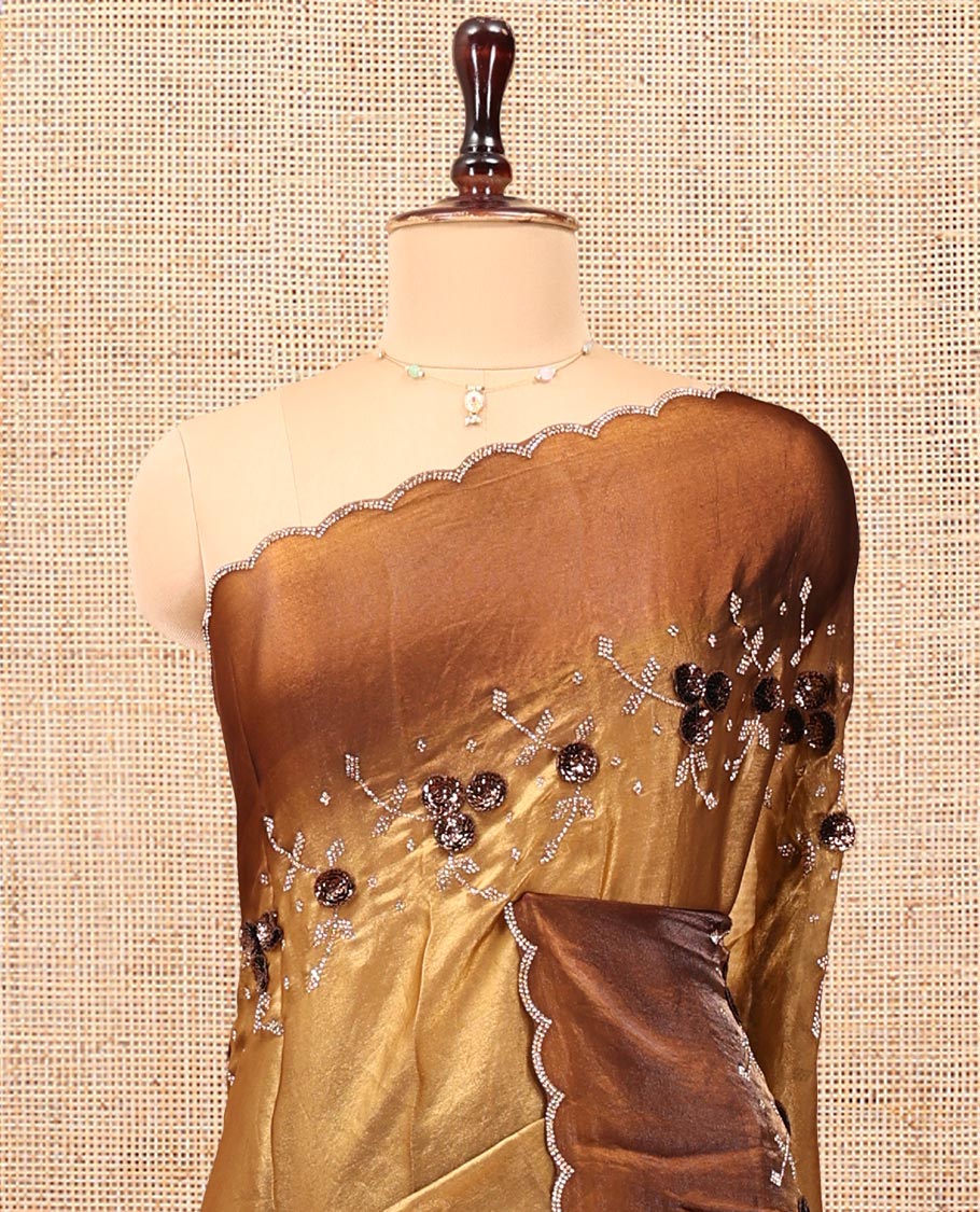 Antique Gold Designer Saree, Beautiful Bedecked with Floral Motifs Embroidered On Its Body, Complemented by Contrast Scallop Stone Work Border, and Paired with a Contrast Embroidered Blouse