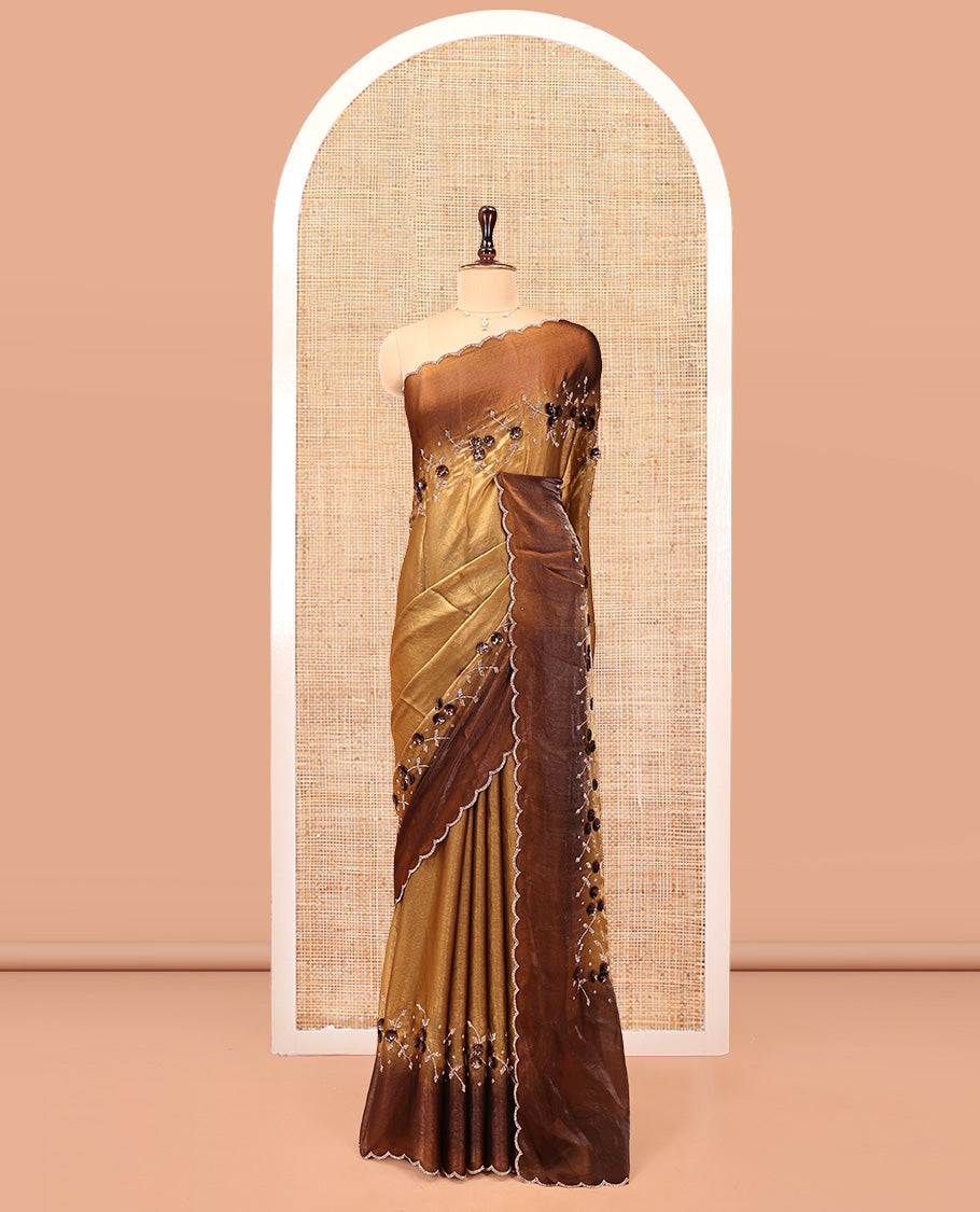 Antique Gold Designer Saree, Beautiful Bedecked with Floral Motifs Embroidered On Its Body, Complemented by Contrast Scallop Stone Work Border, and Paired with a Contrast Embroidered Blouse