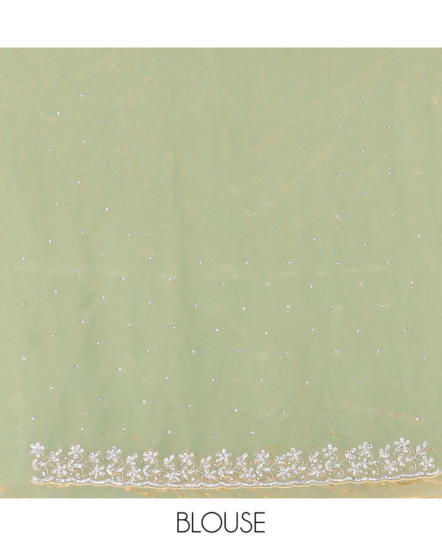Green stone work designer saree, floral designs stone embroidered scallop border