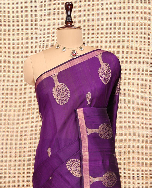Purple Dupion Silk Saree, Boldly Accentuated with Tree Buttas, a Zari Border, Pallu of Tree Buttas, and a Matching Blouse