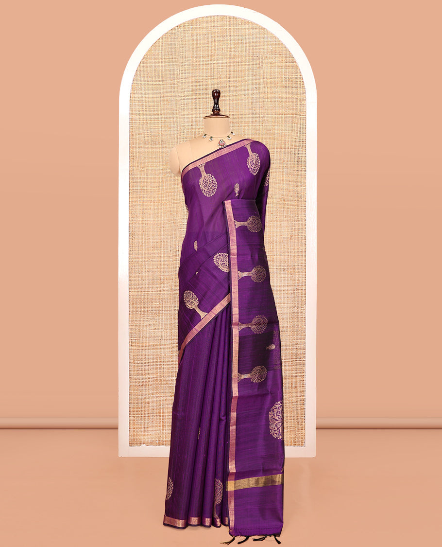 Purple Dupion Silk Saree, Boldly Accentuated with Tree Buttas, a Zari Border, Pallu of Tree Buttas, and a Matching Blouse