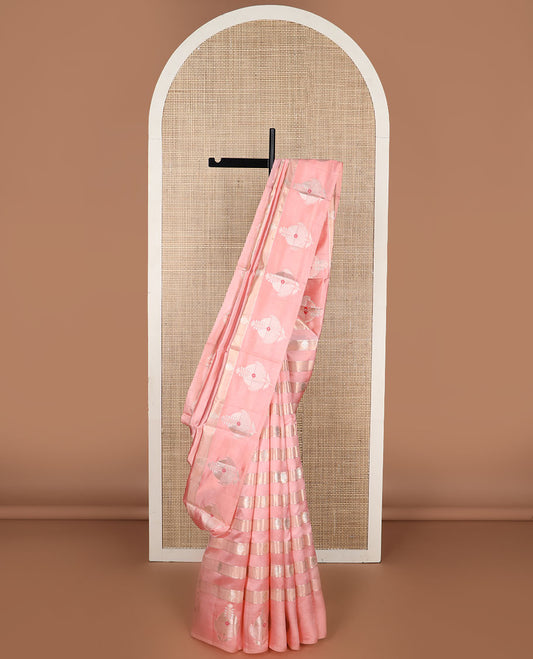 Pink floral design raw mango silk saree with self floral design border & floral design pallu
