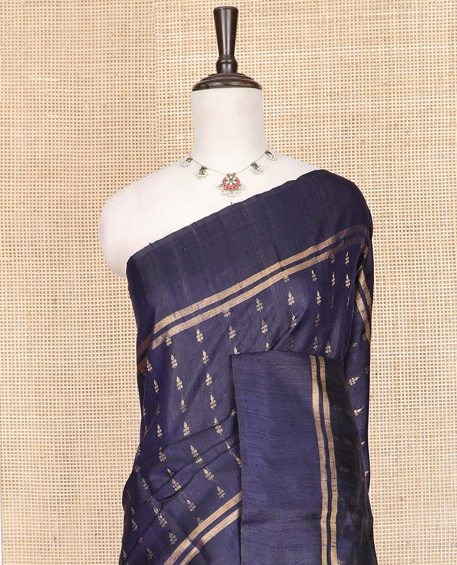 Navy Blue Dupion Silk Saree, Detailed with Dobby-Style Buttas All Over Its Body, Zari Striped Border, Pallu of Floral Jaal Design, and Paired with a Matching Blouse