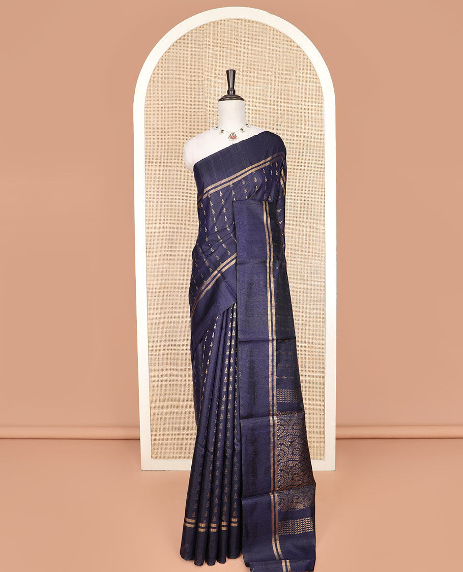 Navy Blue Dupion Silk Saree, Detailed with Dobby-Style Buttas All Over Its Body, Zari Striped Border, Pallu of Floral Jaal Design, and Paired with a Matching Blouse
