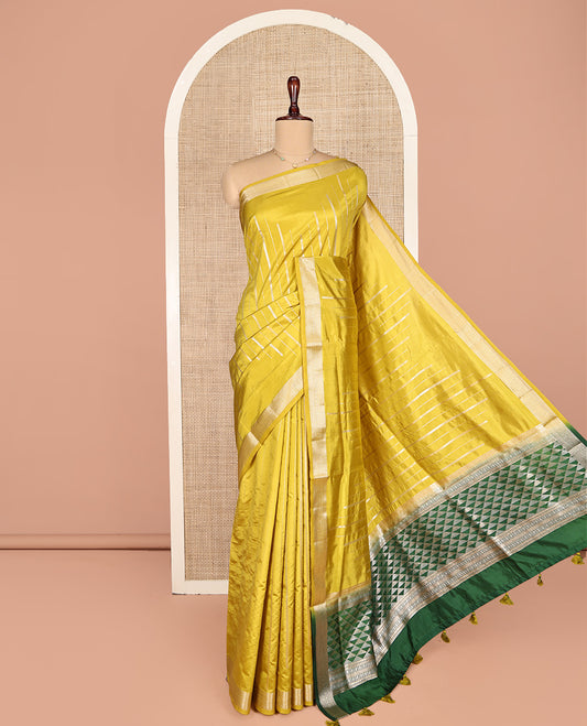 Yellow Dupion Silk Saree, Enriched with Zari Stripes, Highlighted by a Traditional Zari Design Border, Contrast Pallu of Geometric Design, and a Contrast Blouse