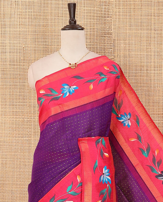Purple dobby buttas dupion saree, contrast hand-brushing-style floral creeper border, and plain pallu