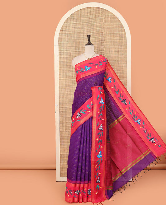 Purple dobby buttas dupion saree, contrast hand-brushing-style floral creeper border, and plain pallu
