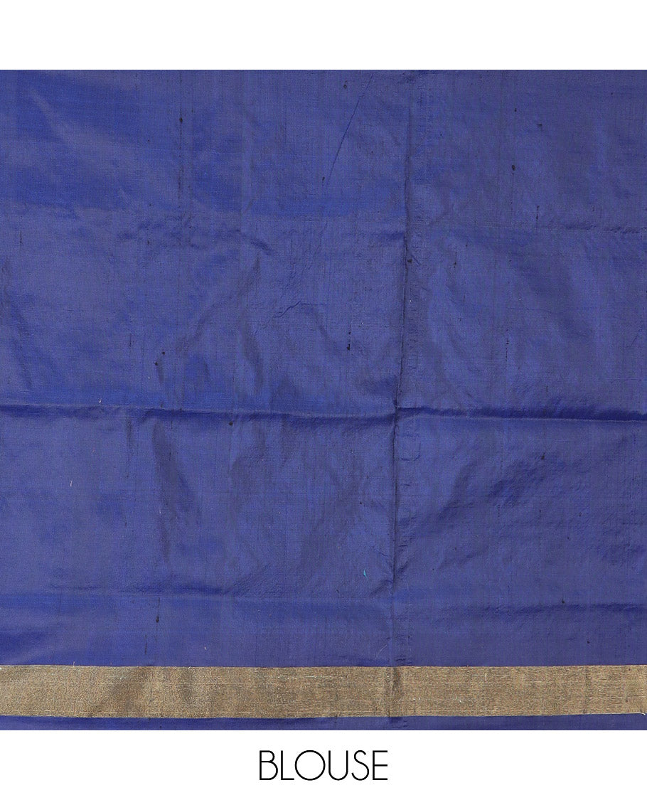 Blue Ikkat Silk Saree Decorated with Ikkat Buttas, Complemented by a Contrast Border, a Subtly Woven Pallu of Jaal Design, and a Contrast Plain Blouse