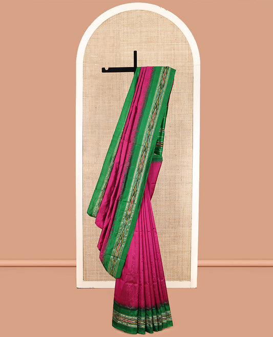 Magenta Plain Pochampally Ikat Silk Saree, Complemented by a Contrast Ikat Border, Ikat-Style Pallu, and No Blouse