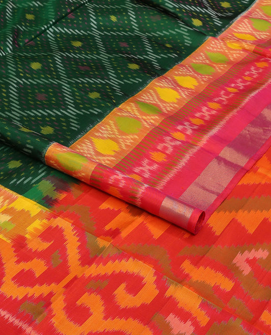 Emreld green jaal-design pure ikkat saree, contrast ikkat border & pallu of multi-hue geometric ikkat designs