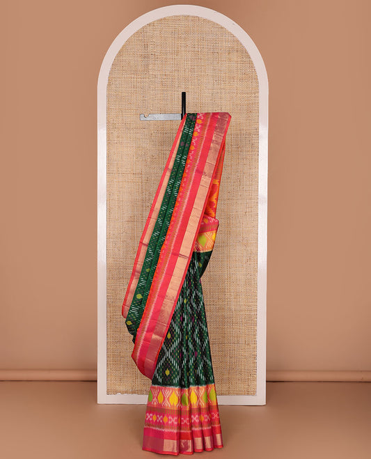 Emreld green jaal-design pure ikkat saree, contrast ikkat border & pallu of multi-hue geometric ikkat designs