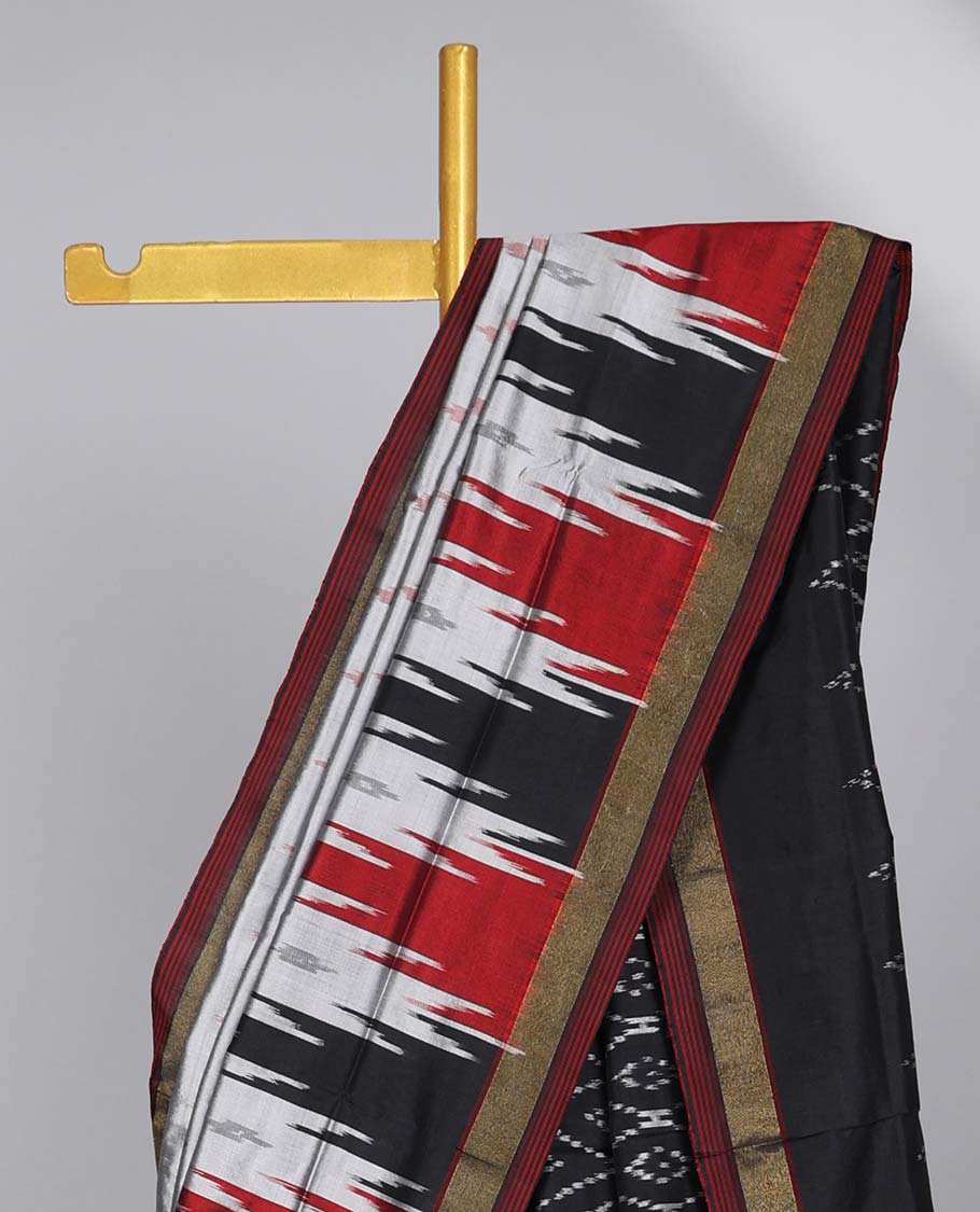 Grey with motifs ikkat silk saree with contrast plain border & ogee design pallu
