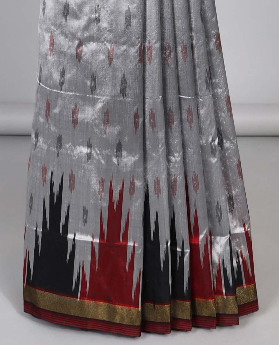Grey with motifs ikkat silk saree with contrast plain border & ogee design pallu