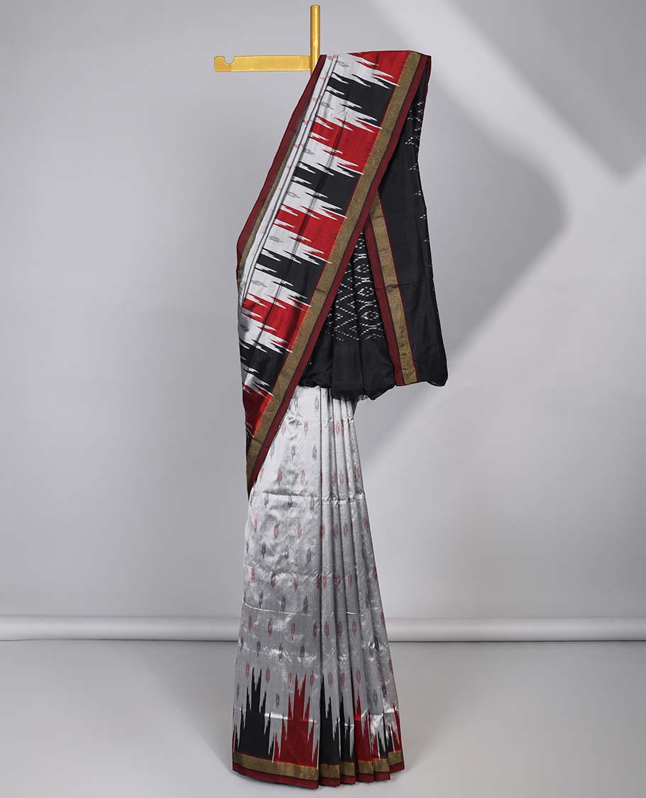 Grey with motifs ikkat silk saree with contrast plain border & ogee design pallu