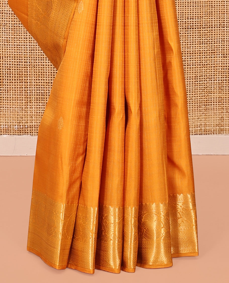 Yellow Kanchipuram Silk Saree, Sparsely Woven with Zari Buttas and Muthu Stripes, a Zari Border of Thilakam Mokku, Muthu, Iruthalai Pakshi, Manga, and Mayil Kann, Jaal Pallu, Matching Blouse