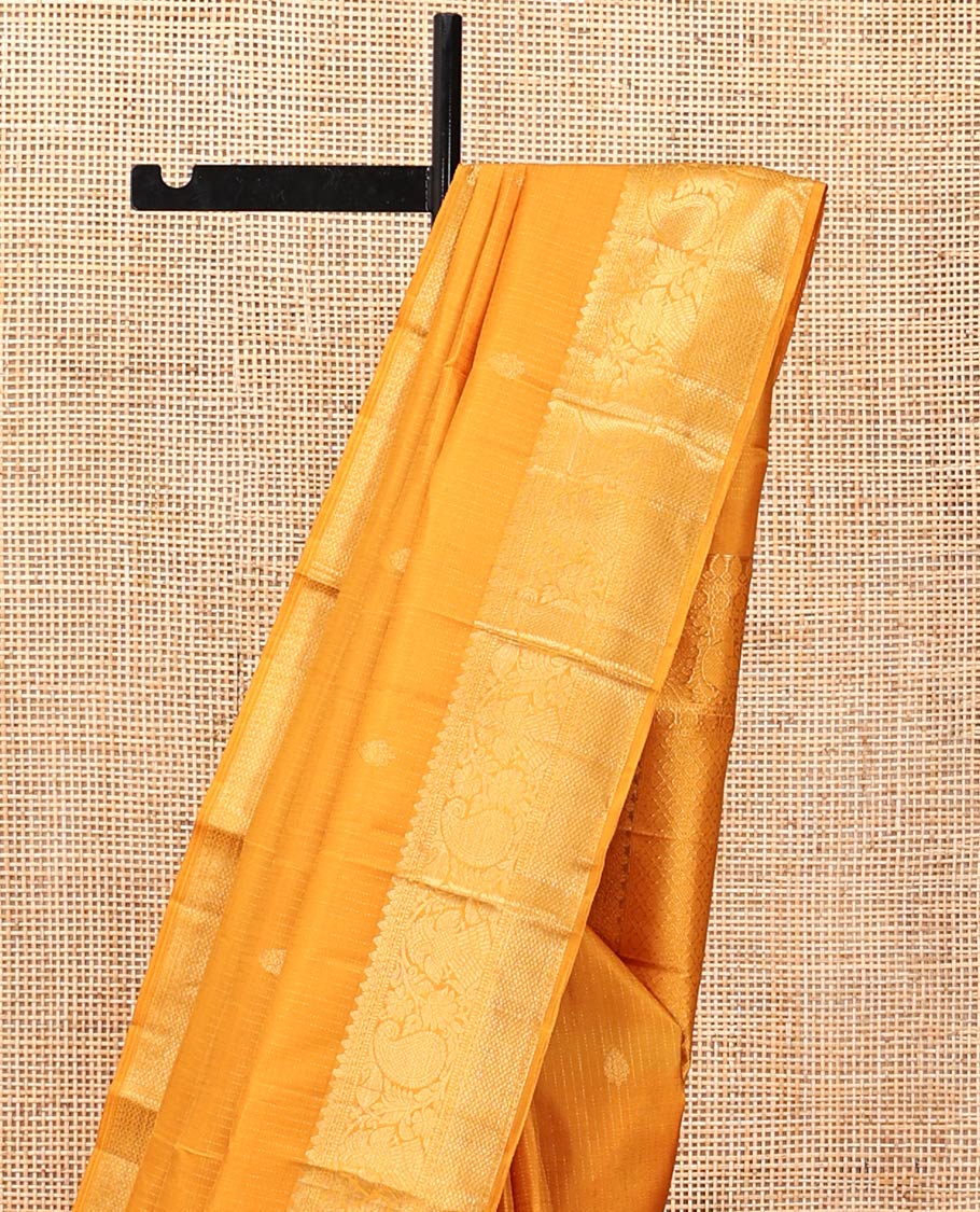 Yellow Kanchipuram Silk Saree, Sparsely Woven with Zari Buttas and Muthu Stripes, a Zari Border of Thilakam Mokku, Muthu, Iruthalai Pakshi, Manga, and Mayil Kann, Jaal Pallu, Matching Blouse
