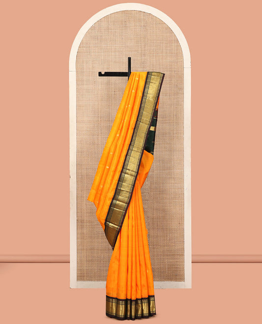 Yellow Kanchipuram Silk Saree, Sparsely Woven with Zari Buttas, a Contrast One-Sided Korvai Border of Panner Sombu, Banaras, and Jaal Designs, a Zari Design Pallu, and No Blouse