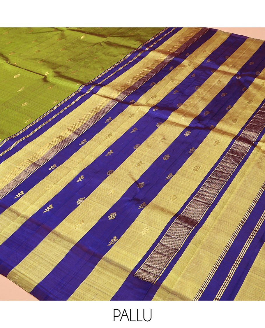 Green Kanchipuram Silk Saree, Woven with Zari Buttas, Complemented by a Contrast One-Sided Temple Border, Zari Design Pallu, and No Blouse