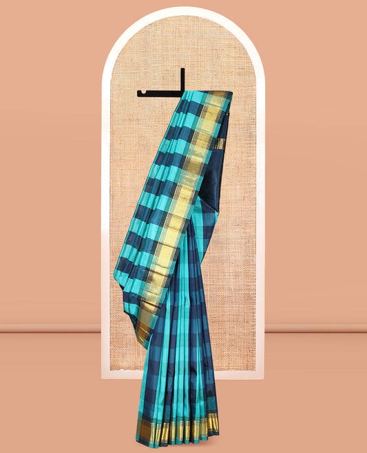 Multi-Color Checked Kanchipuram Silk Saree, Highlighted by a Zari One-Sided Border of Panner Sombu, Banaras, Muthu, and Jaal Designs, Zari Design Pallu, and a No Blouse