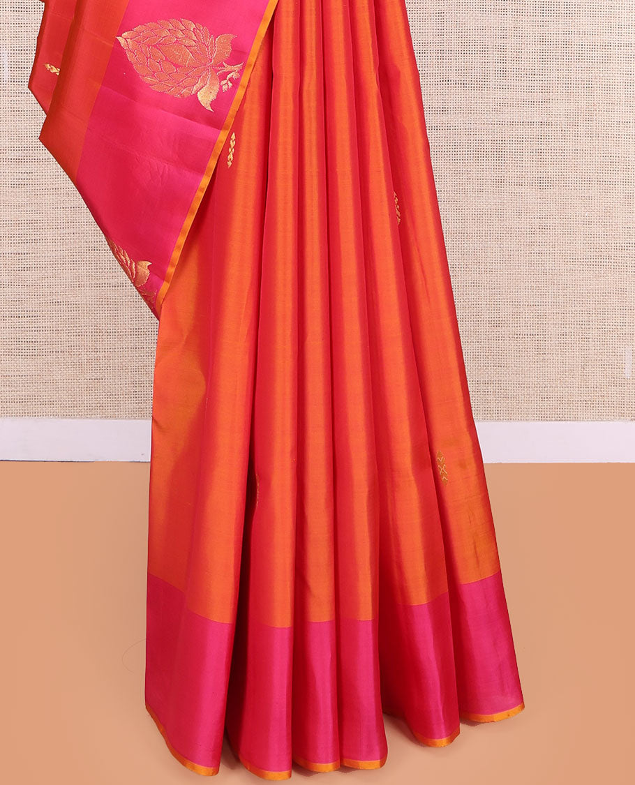 Orange Kanchipuram Silk Saree, Woven with Zari Buttas, Complemented by Contrast Zari Motif Border, Pallu of Zari Design, and a Contrast Blouse