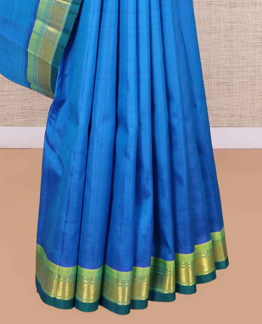 Blue Plain Kanchipuram Silk Saree, a Contrast One-Sided Border of Rekku, Banaras, and Jaal Designs, Zari Design Pallu, and No Blouse