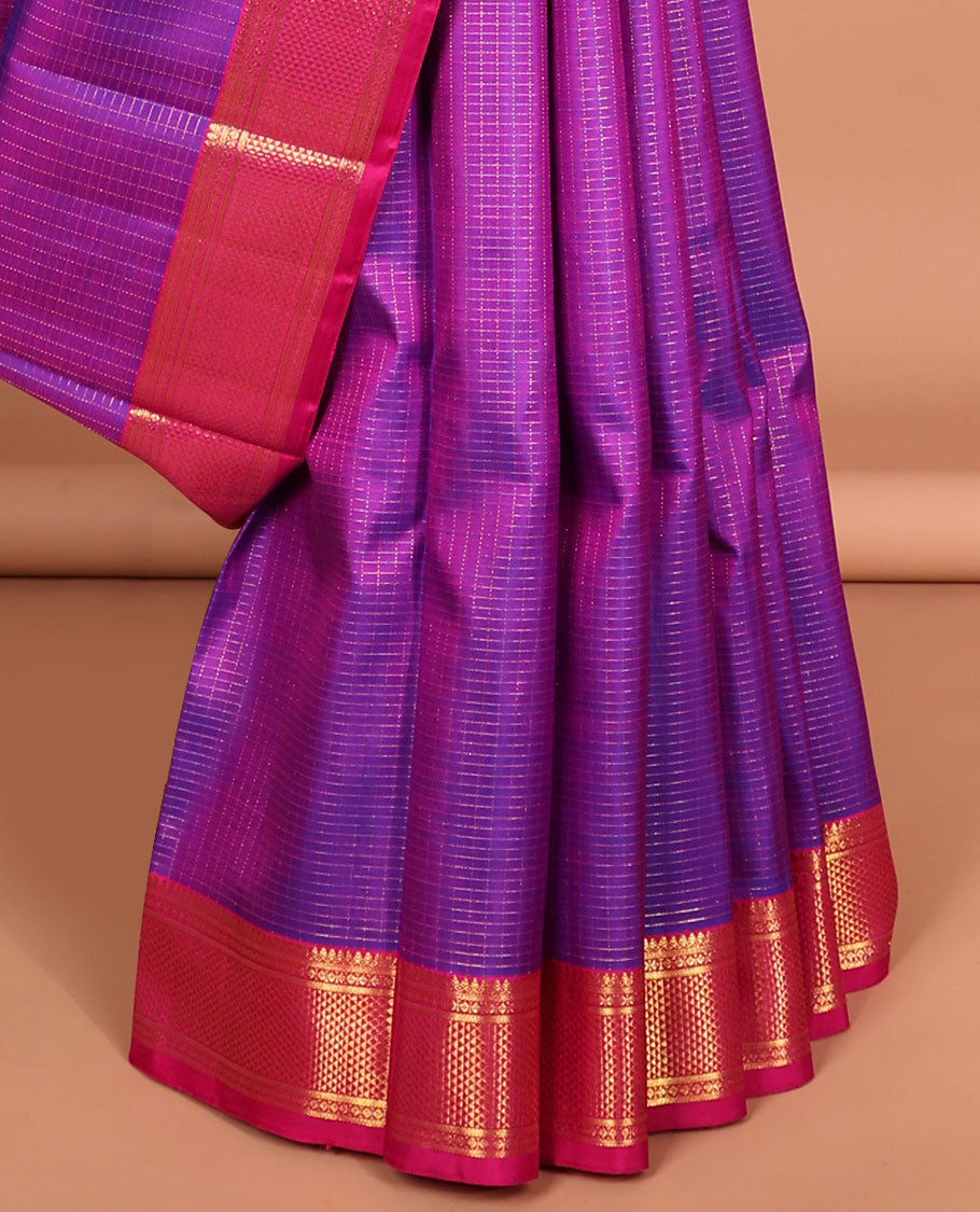 Purple  checked kancheepuram silk saree with contrast argyle design border & striped zari design pallu