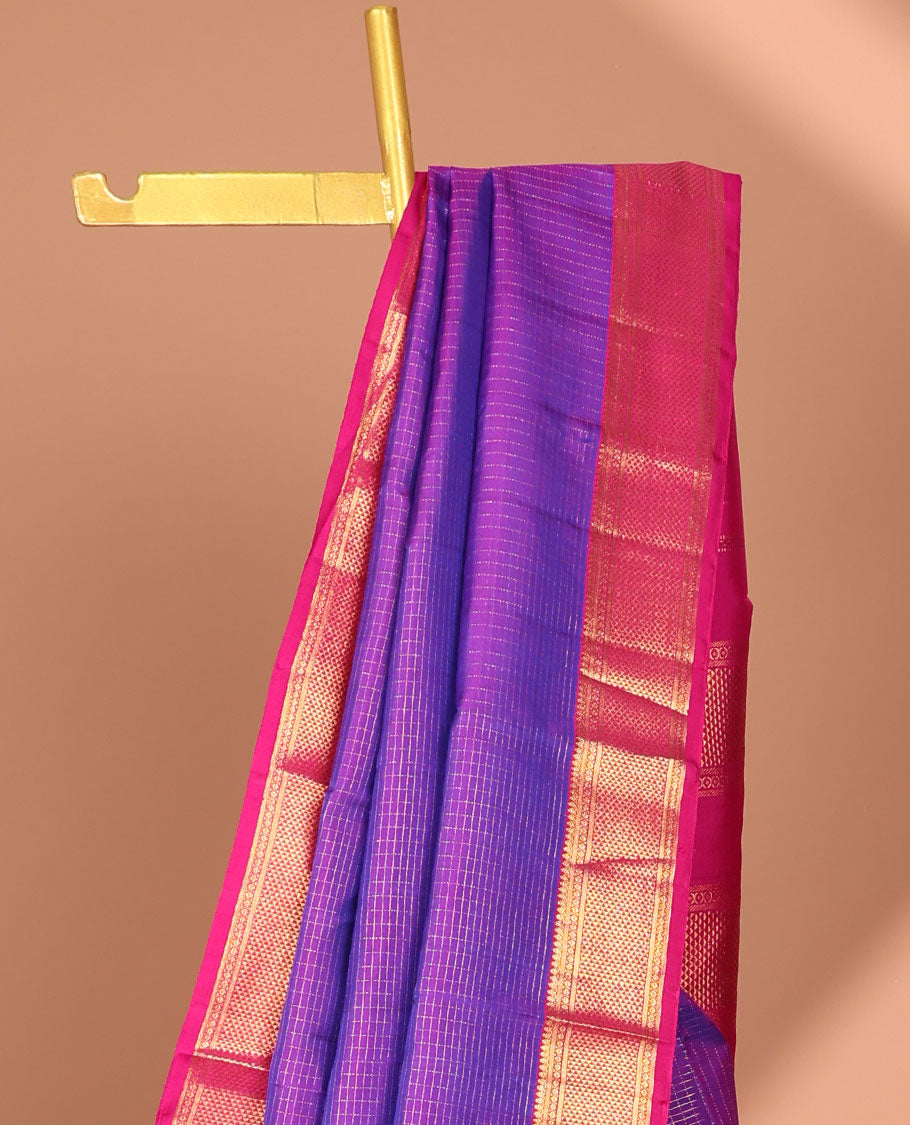 Purple  checked kancheepuram silk saree with contrast argyle design border & striped zari design pallu