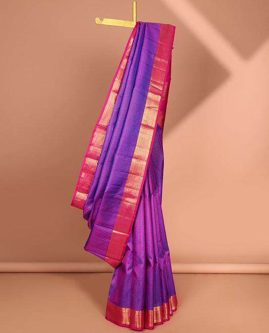 Purple  checked kancheepuram silk saree with contrast argyle design border & striped zari design pallu