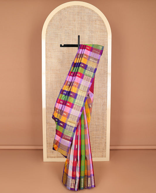 Multi-color checked, floral design kancheepuram silk saree with contrast border of paisley, banaras design & zari design pallu