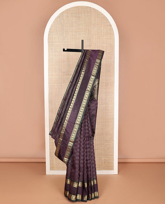 Violet geometric design kancheepuram silk saree with contrast rettai pettu border of rekku, banaras, poo chakram design & zari design pallu