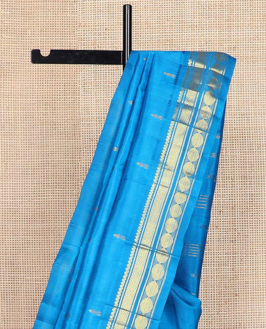 Blue zari buttas kanchipuram silk saree, one-sided zari border of salngai,banaras,vanki & poun & zari design  pallu