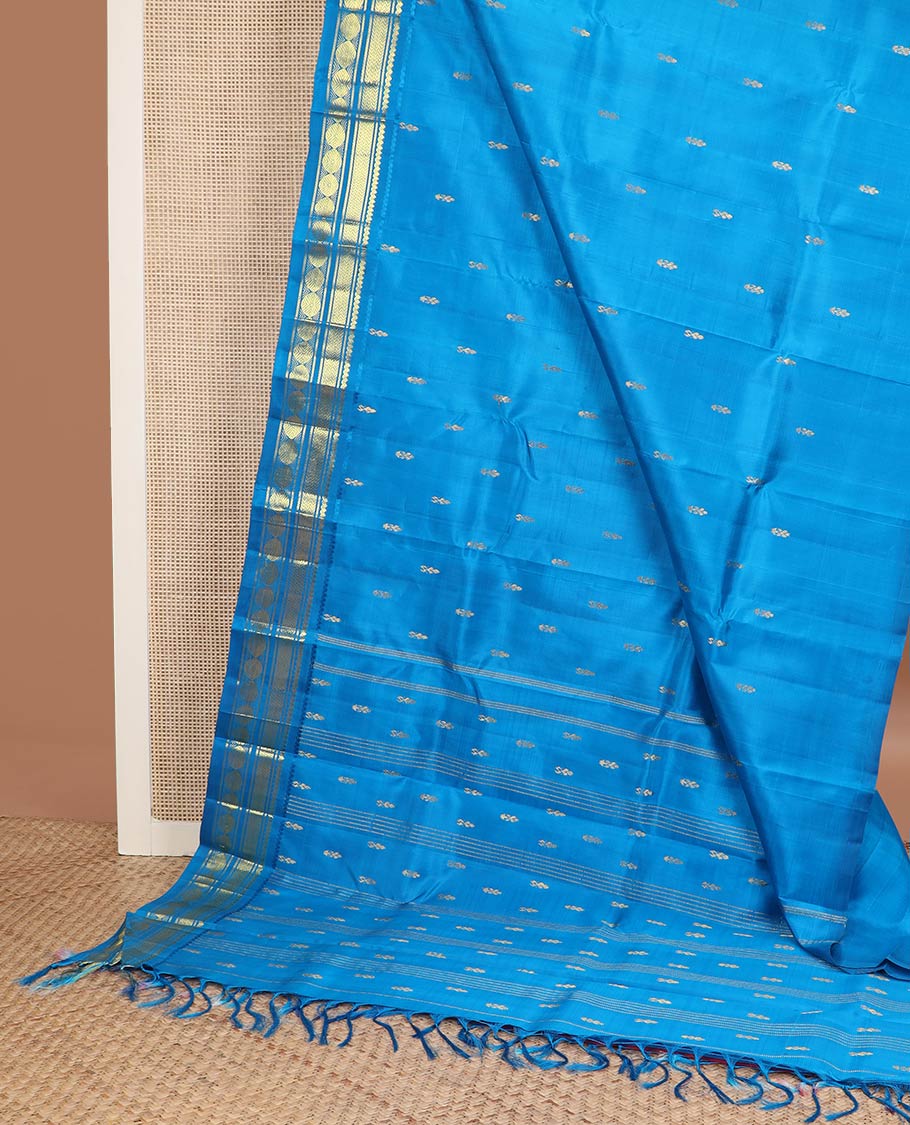 Blue zari buttas kanchipuram silk saree, one-sided zari border of salngai,banaras,vanki & poun & zari design  pallu