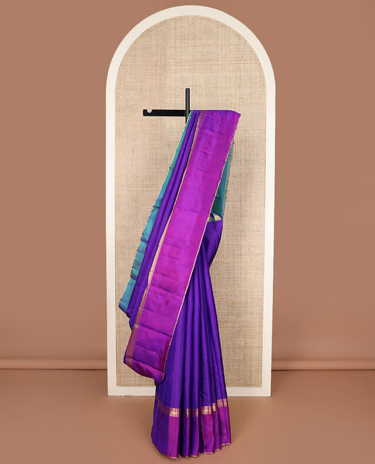 Blue plain Kanchipuram silk saree, contrast rettai pettu traditional zari border & pallu of kathir,neli, rudraksham,ara maadam, ara bogudi, banaras & lavangam