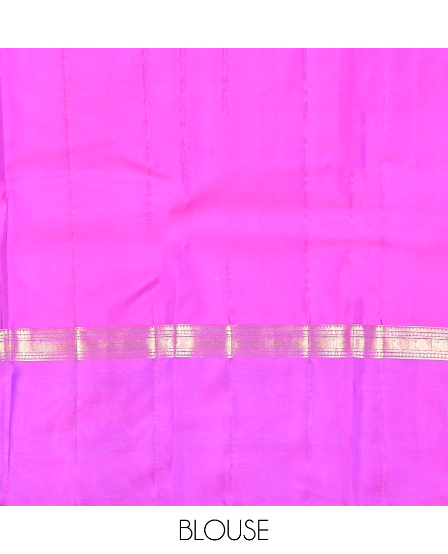 Blue plain Kanchipuram silk saree, contrast rettai pettu traditional zari border & pallu of kathir,neli, rudraksham,ara maadam, ara bogudi, banaras & lavangam