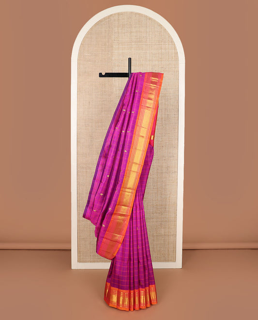 Pink checked & zari buttas Kanchipuram silk saree, contrast border of panner sombu, banaras, muthu & jaal design & zari design pallu