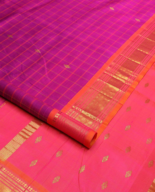 Pink checked & zari buttas Kanchipuram silk saree, contrast border of panner sombu, banaras, muthu & jaal design & zari design pallu