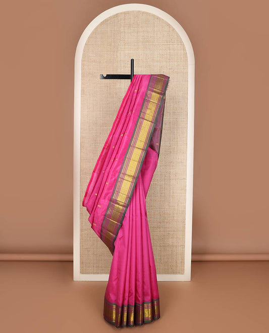 Rani pink zari buttas silk saree, contrast one-sided border of panner sombu,muthu,banaras & jaal & zari design pallu