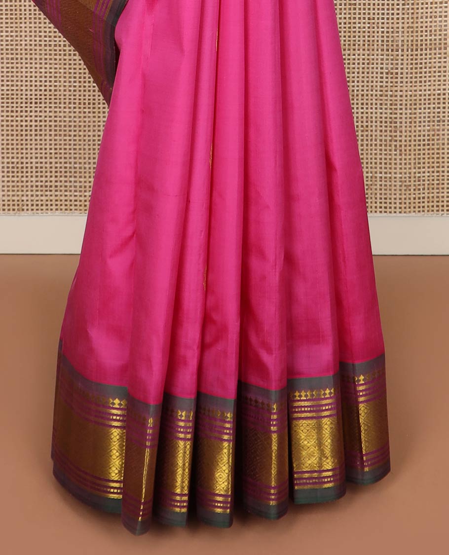 Rani pink zari buttas silk saree, contrast one-sided border of panner sombu,muthu,banaras & jaal & zari design pallu